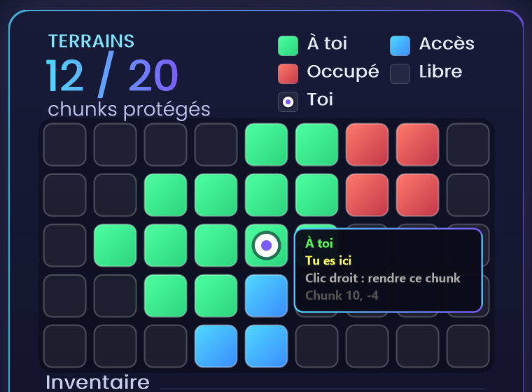 Menu /claim : carte des chunks autour du joueur, en vert les siens, en rouge ceux des autres, en bleu ceux où il a accès.