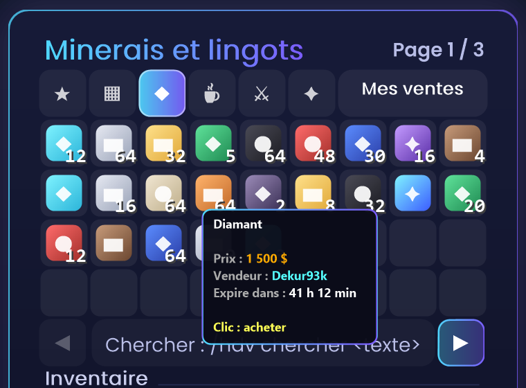 Menu /hdv : objets en vente rangés par catégorie, avec le prix, le vendeur et le temps restant au survol.