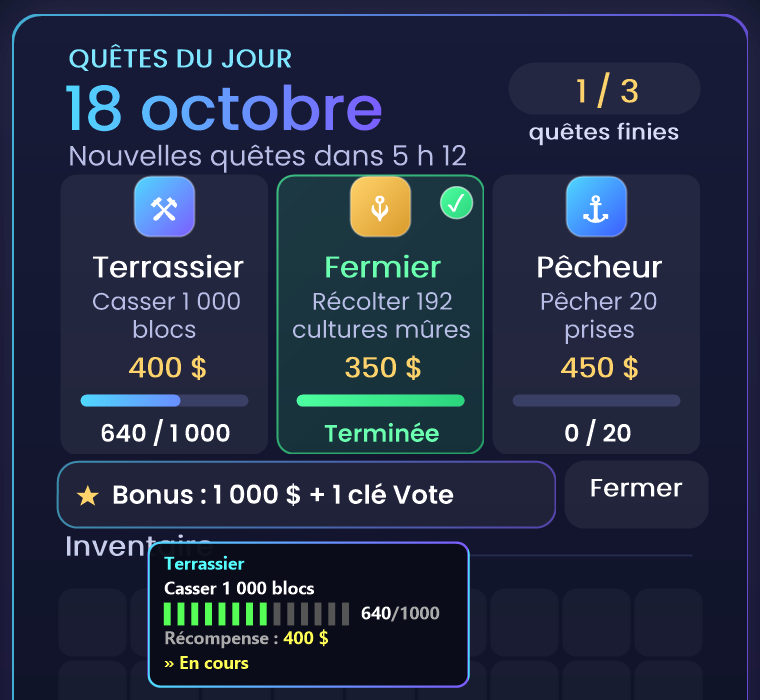 Menu /quetes : trois quêtes du jour avec leur récompense en argent et leur progression.